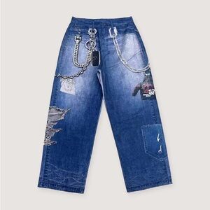Triple 7 Distressed Blue Denim Jeans with Chain Detail